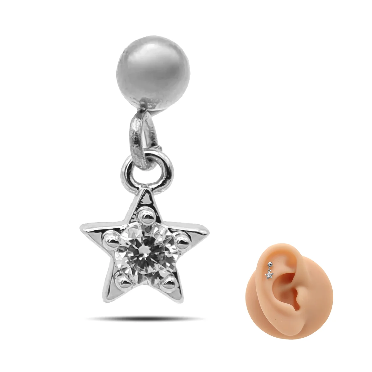 Piercing de Oreja Acero Bola lisa Colgante Estrella Cristal 7