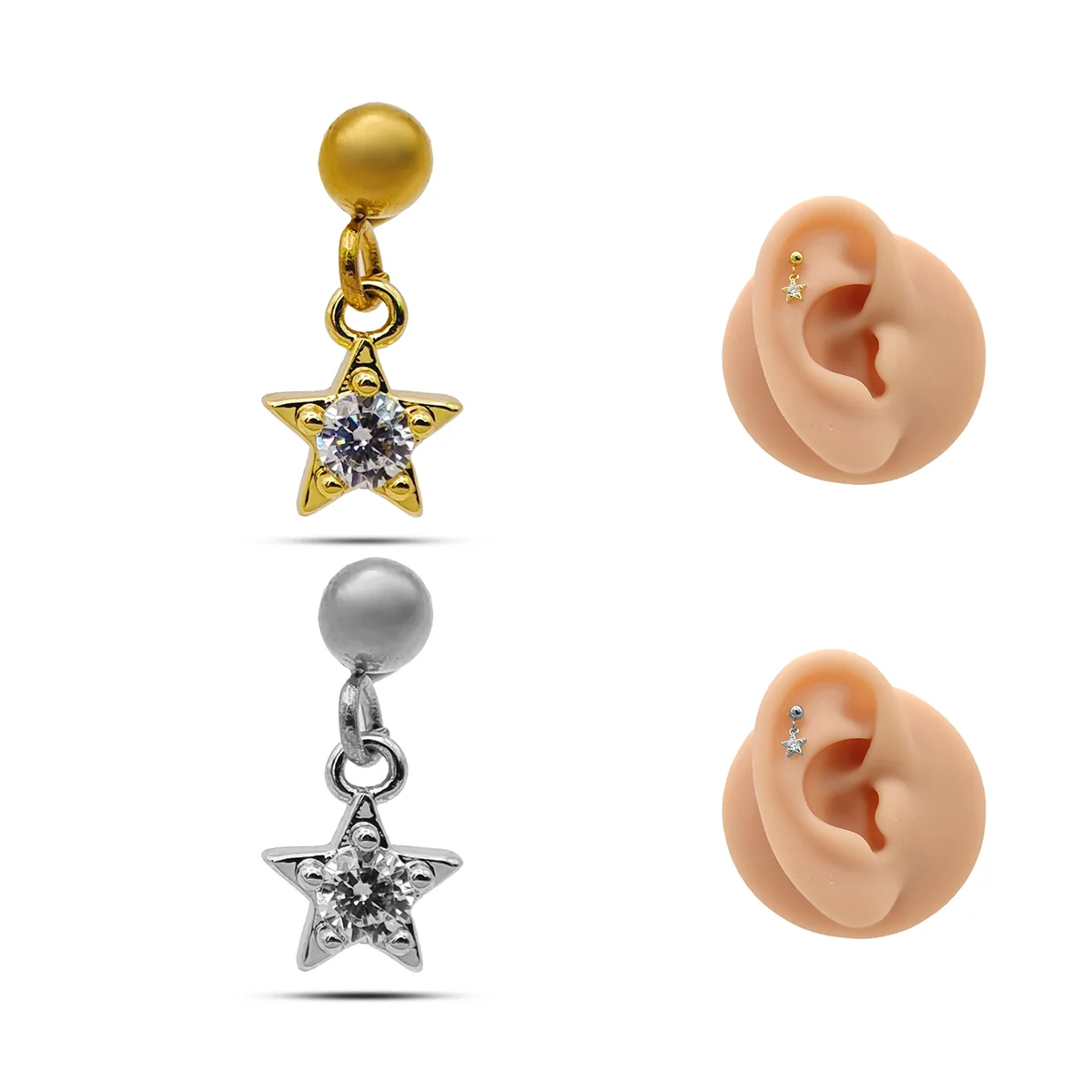 Piercing de Oreja Acero Bola lisa Colgante Estrella Cristal