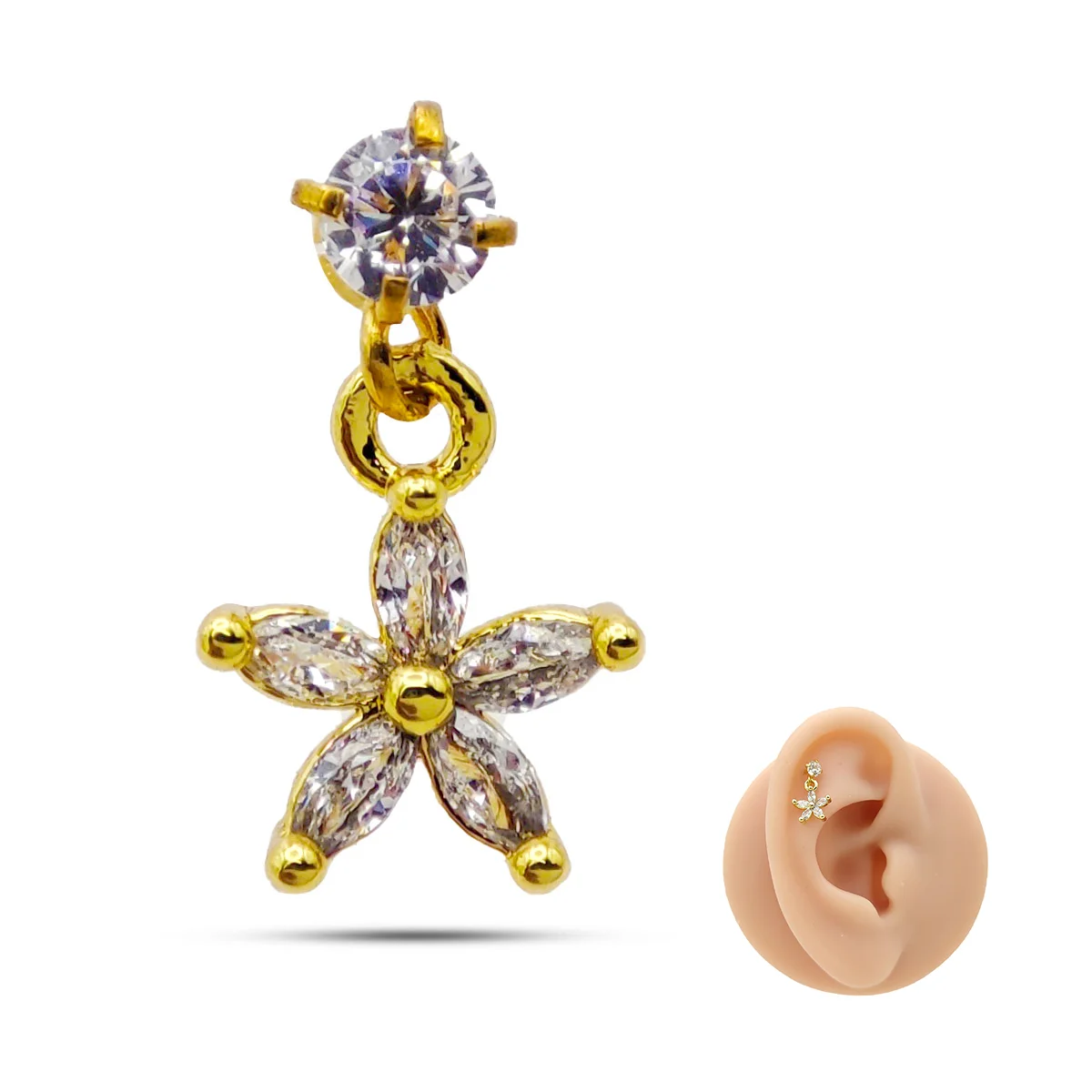 Piercing de Oreja Acero Colgante Flor Petalos Zirconias 3