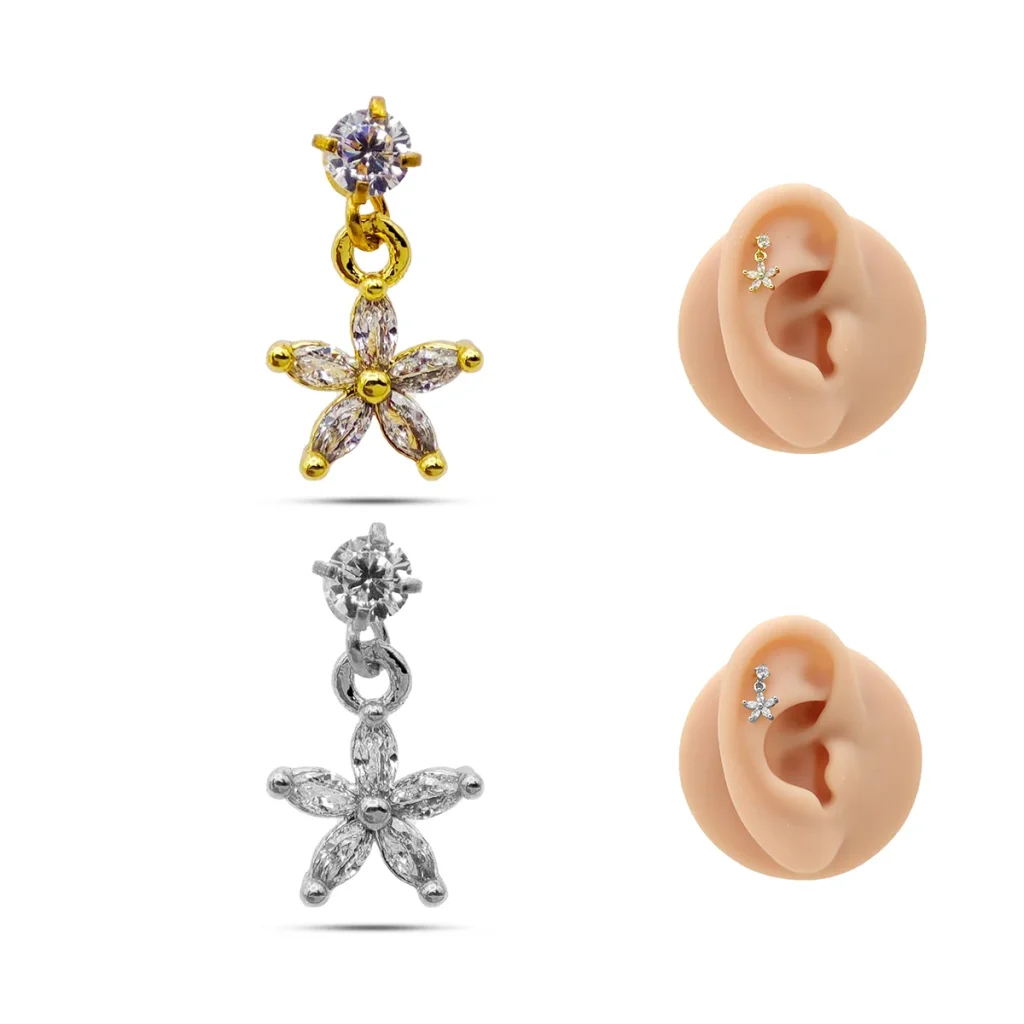 Piercing de Oreja Acero Colgante Flor Petalos Zirconias 5