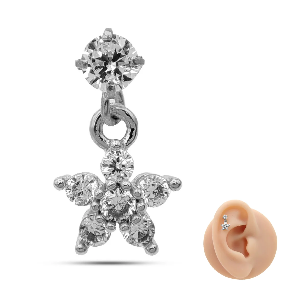 Piercing de Oreja Acero Colgante Flor Seis Zirconias 9