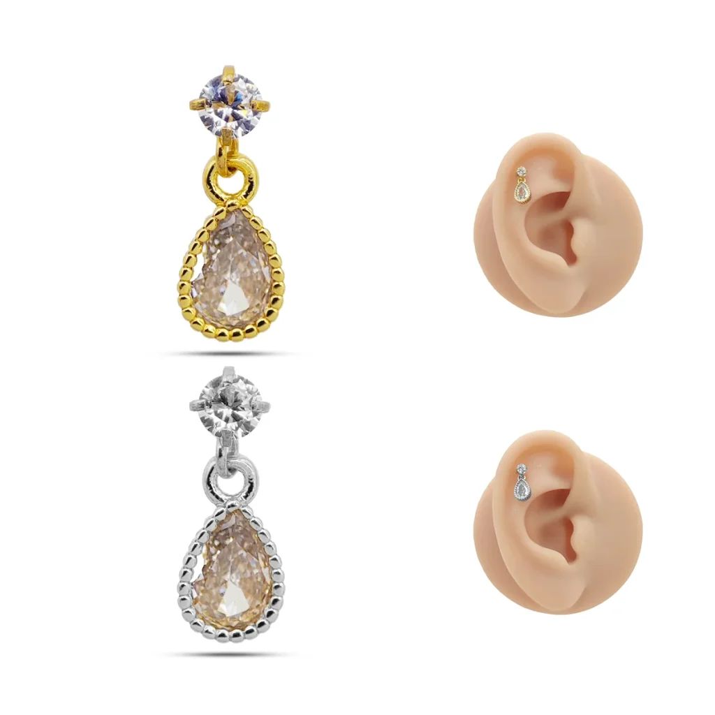Piercing de Oreja Acero Colgante Gota Zirconia Clara 9