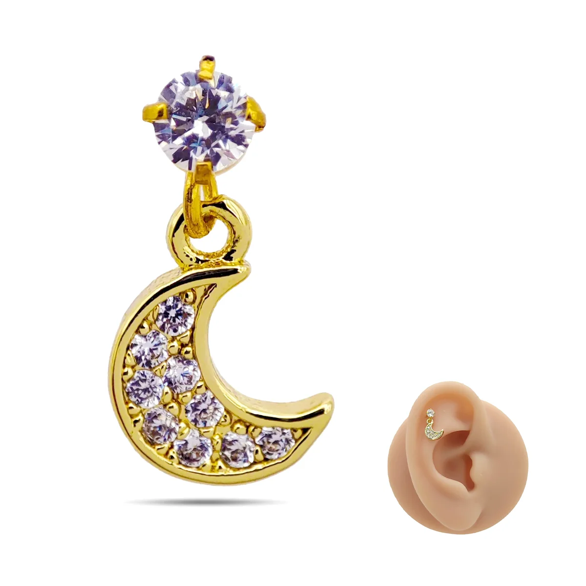 Piercing de Oreja Acero Colgante Luna Zirconia Clara 9