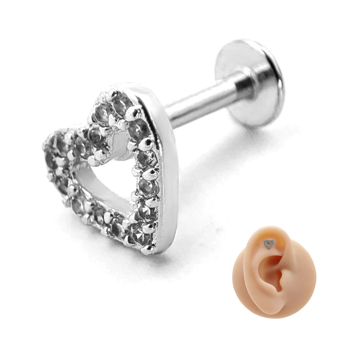 Piercing de Oreja Acero Corazon Contorno Cristales Claros 11