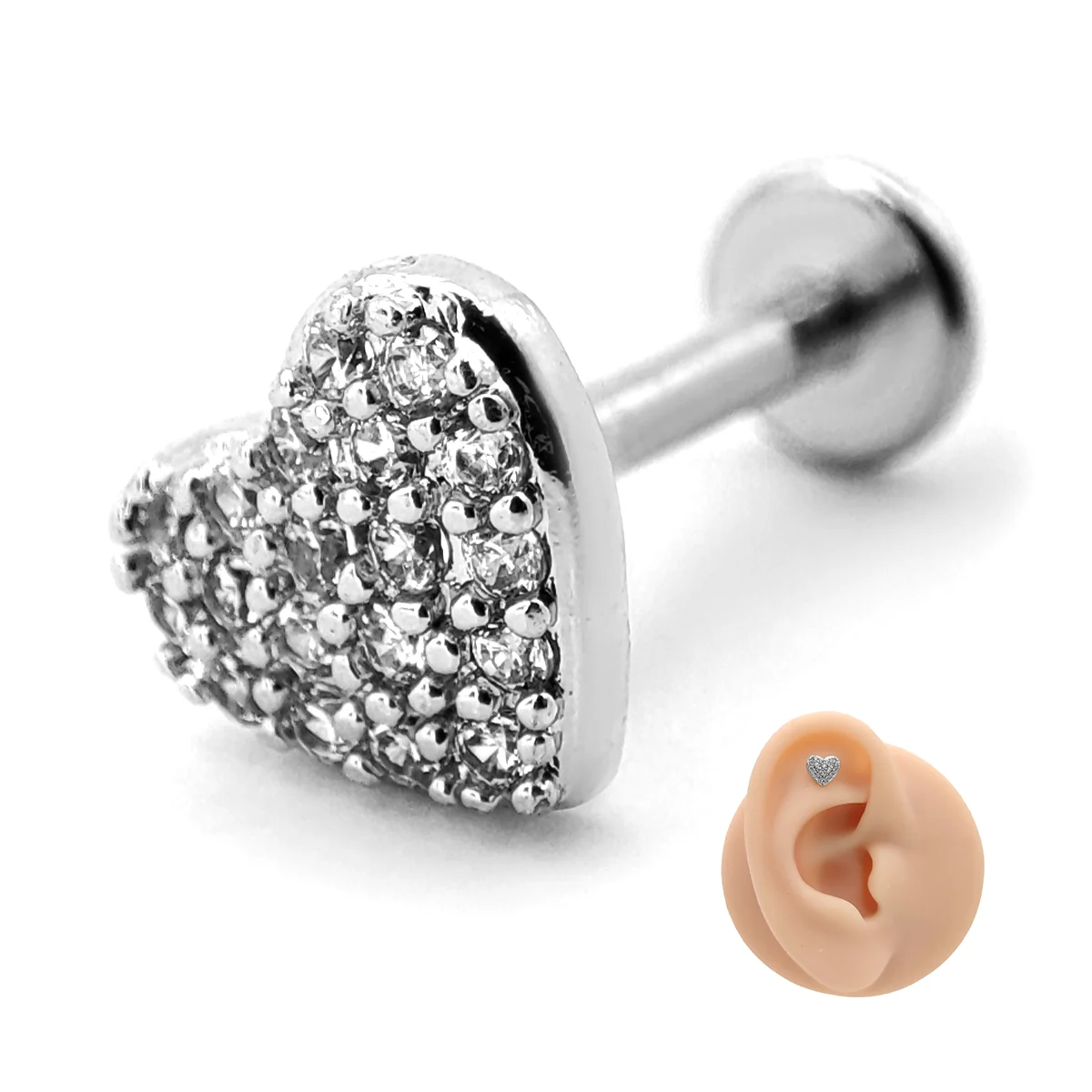 Piercing de Oreja Acero Corazon Relleno Micro Cristales 14