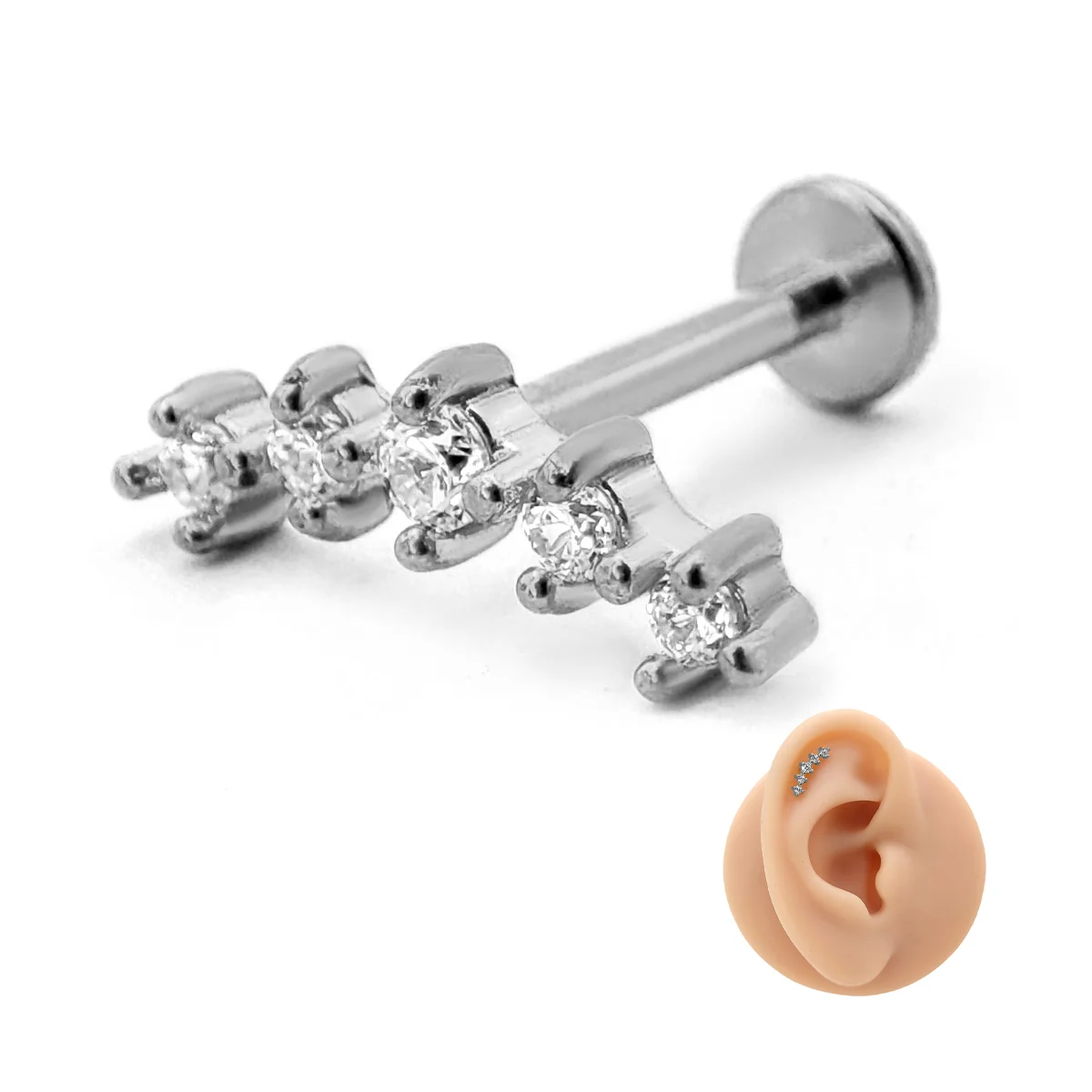 Piercing de Oreja Acero Curvo 5 Zirconias Trepador 4