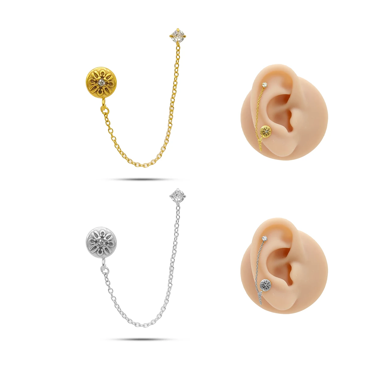 Piercing de Oreja Acero Doble Perforacion Cadena Cristal 1