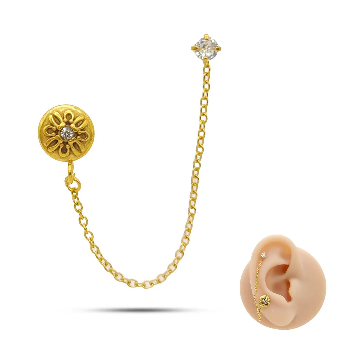 Piercing de Oreja Acero Doble Perforacion Cadena Cristal 7