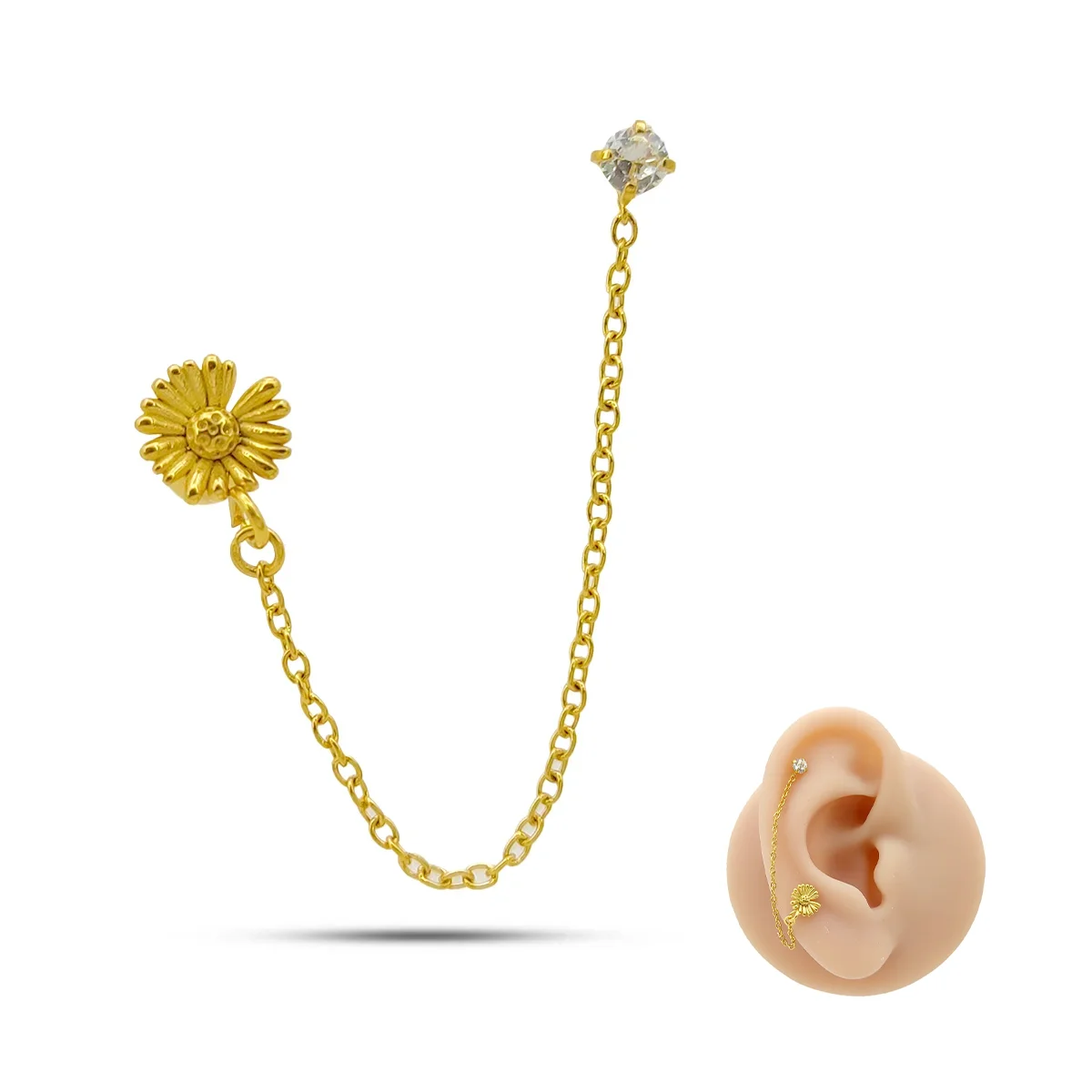 Piercing de Oreja Acero Doble Perforacion Cadena Flor 9