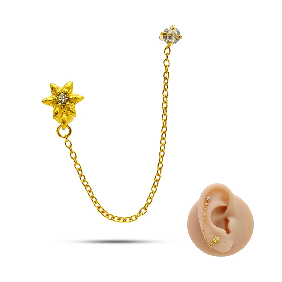 Piercing de Oreja Acero Doble Perforacion Cadena Sol 1