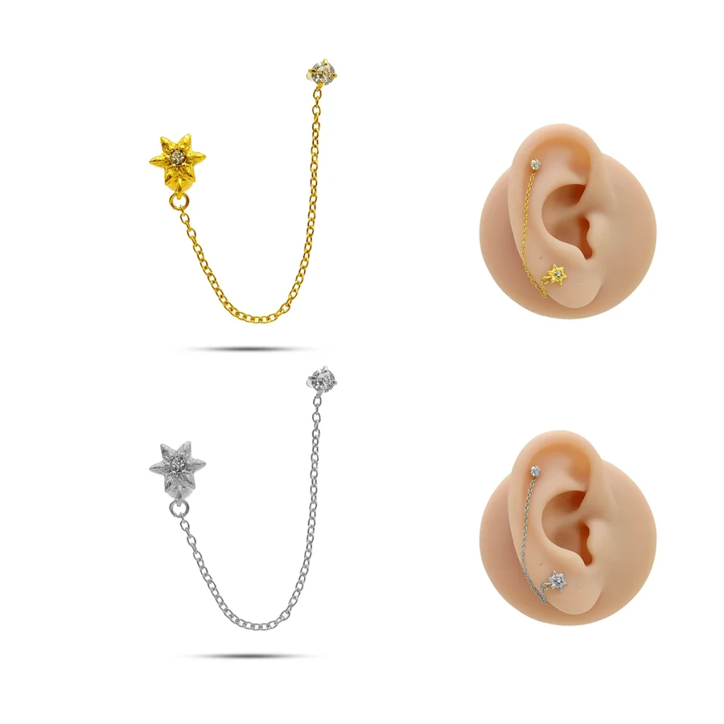 Piercing de Oreja Acero Doble Perforacion Cadena Sol