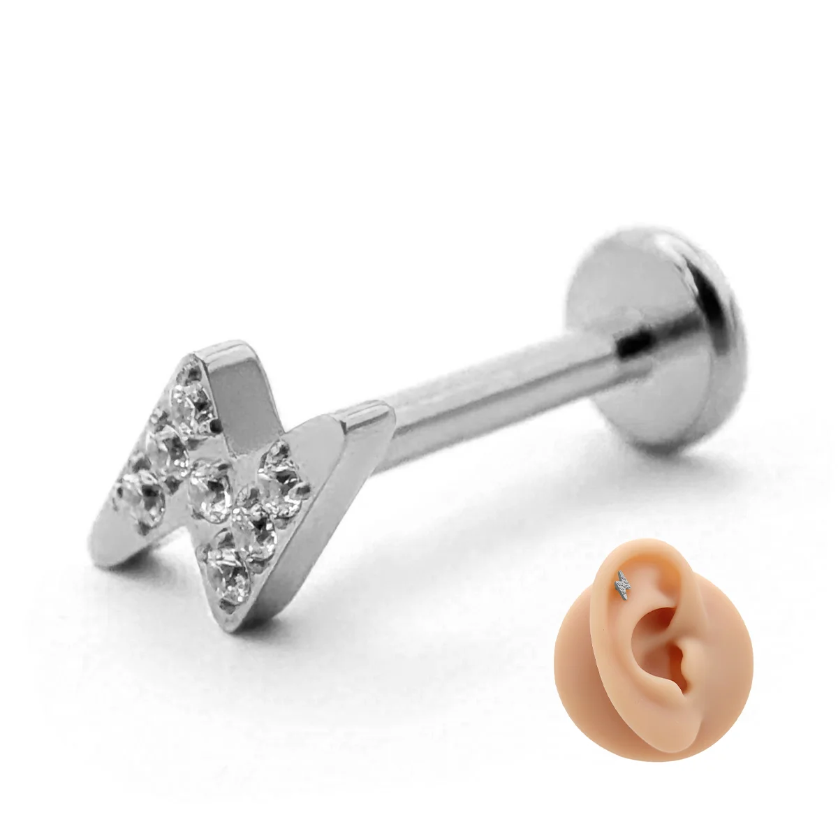 Piercing de Oreja Acero Forma Rayo Plano Cristales Claros 8