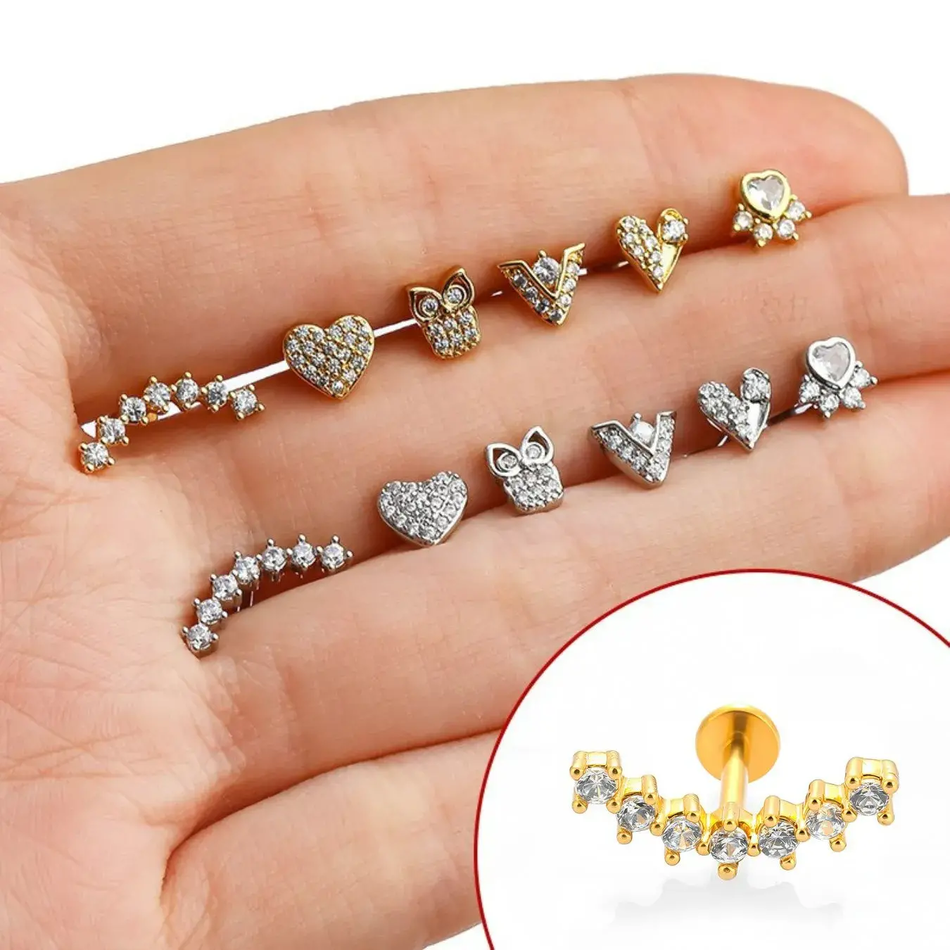 Piercing de Oreja Acero Forma en C Curvo Trepador Zirconia 1