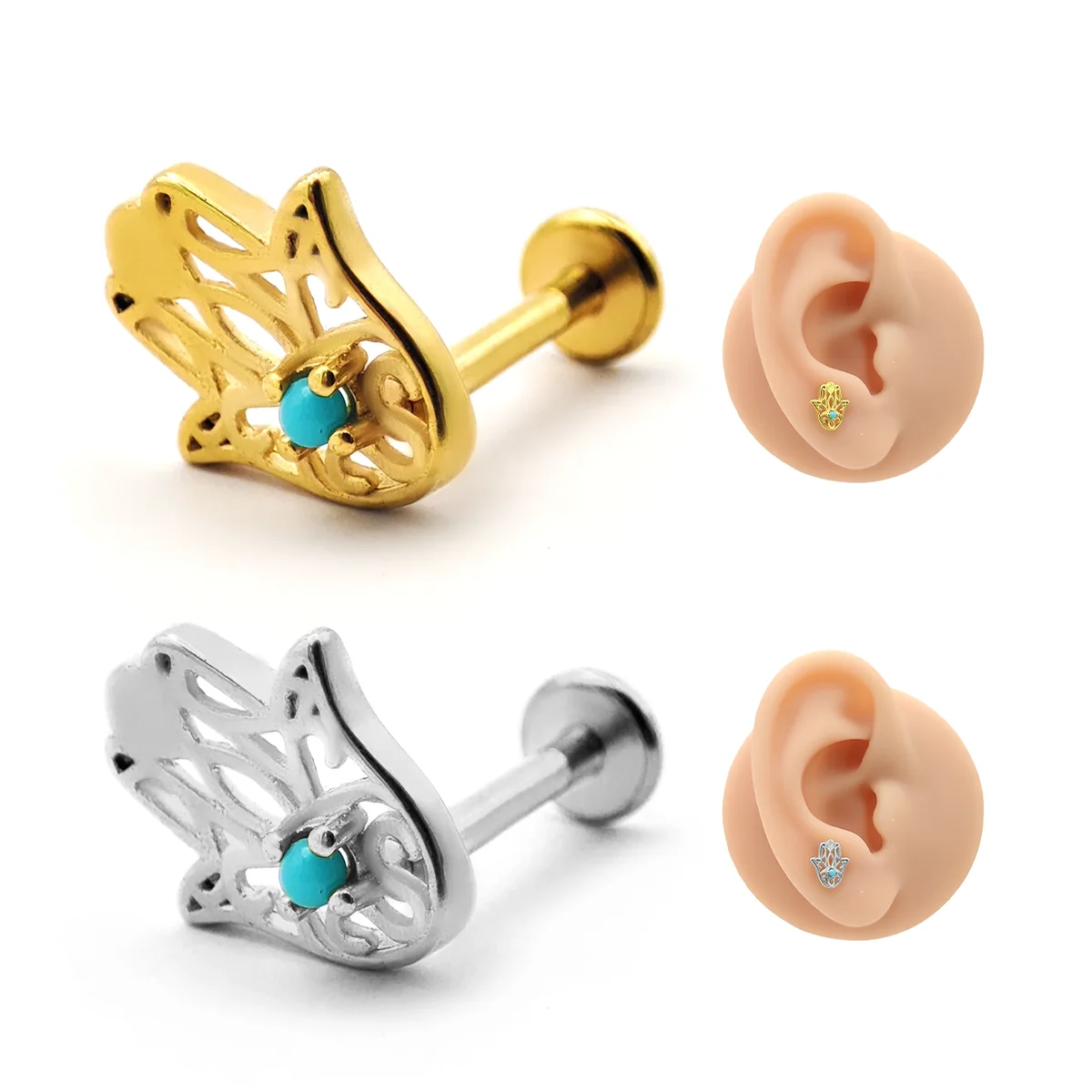 Piercing de Oreja Acero Mano de Fatima Piedra Turquesa 4