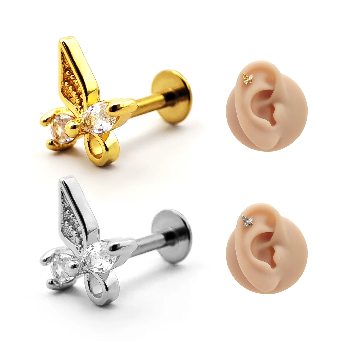 Piercing de Oreja Acero Mariposa Asimetrica Zirconia 1