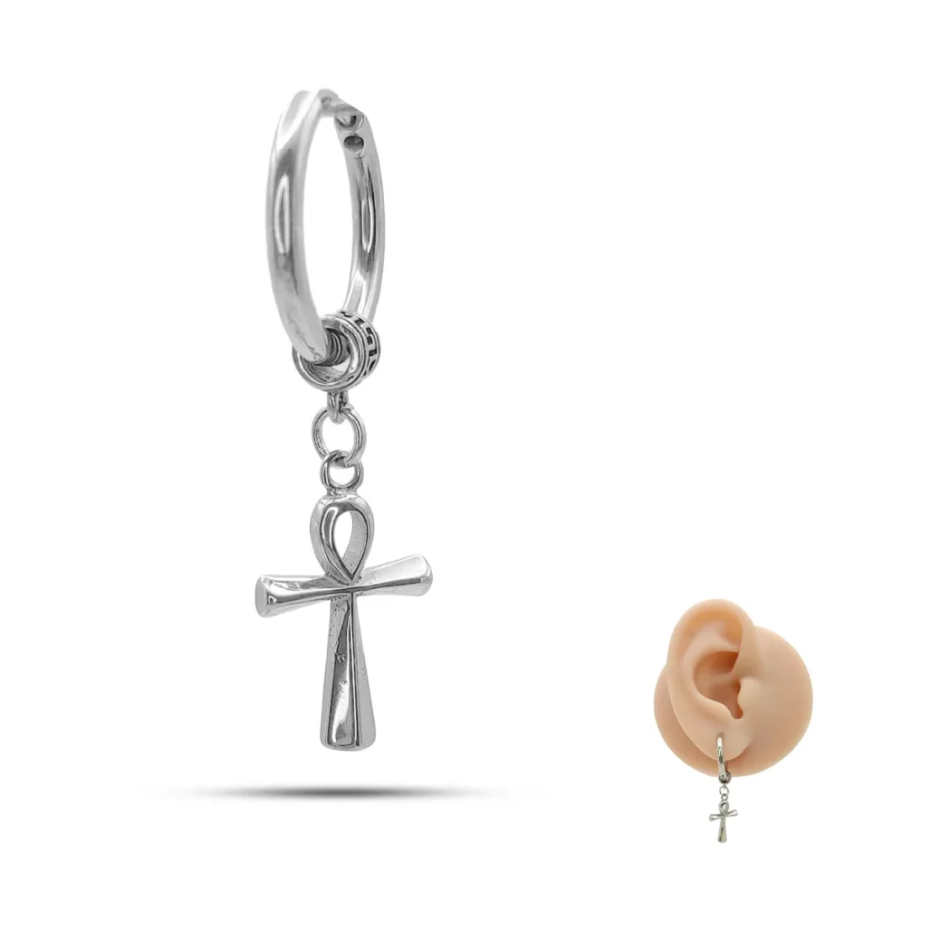 Piercing de Oreja Acero Plateado Cruz Egipica Huggie 1