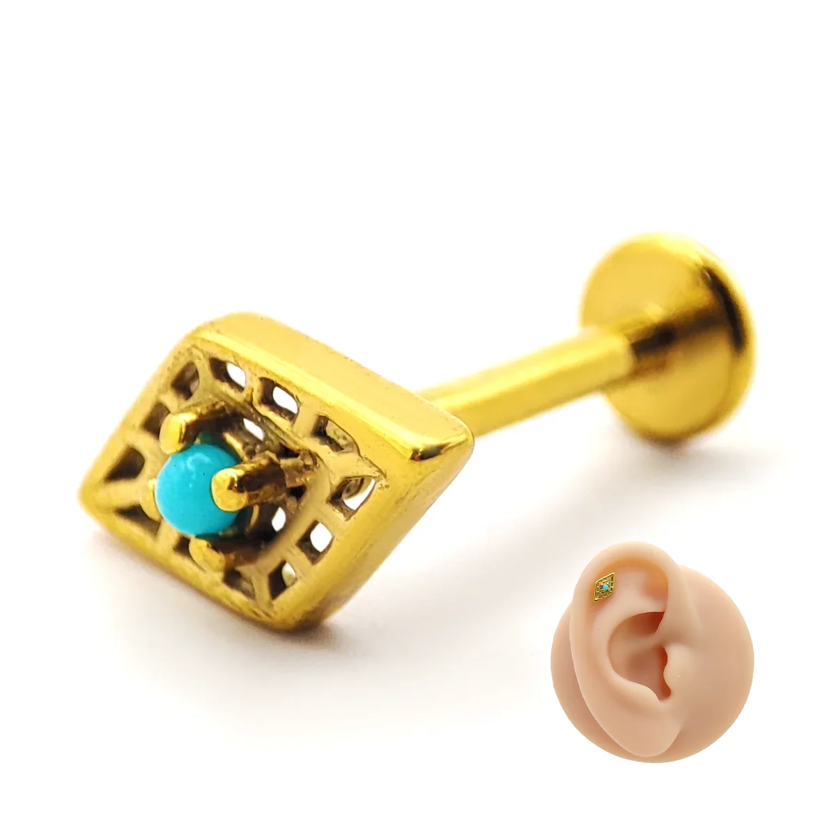 Piercing de Oreja Acero Rombo Geometrico Piedra Turquesa 10