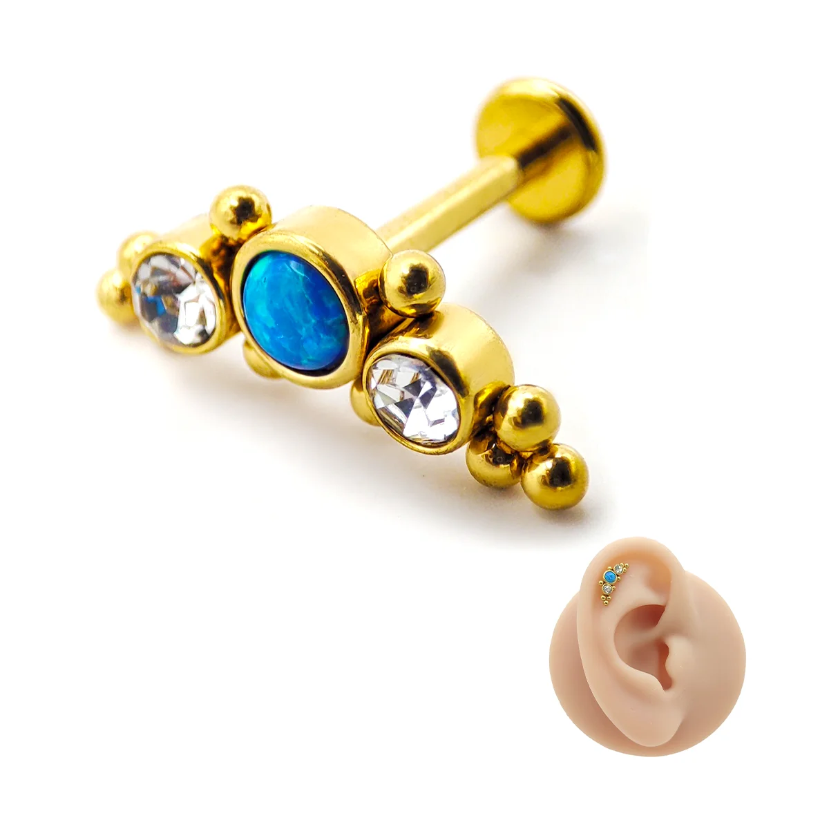 Piercing de Oreja Acero Trepador Cristales Opalo Azul 11
