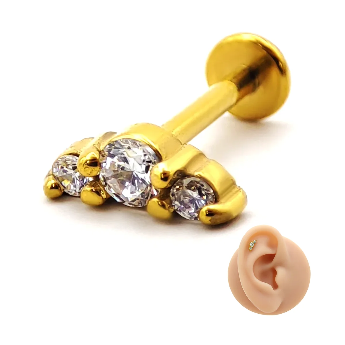 Piercing de Oreja Acero Tres Cristales Pequeno Curvo 3 2