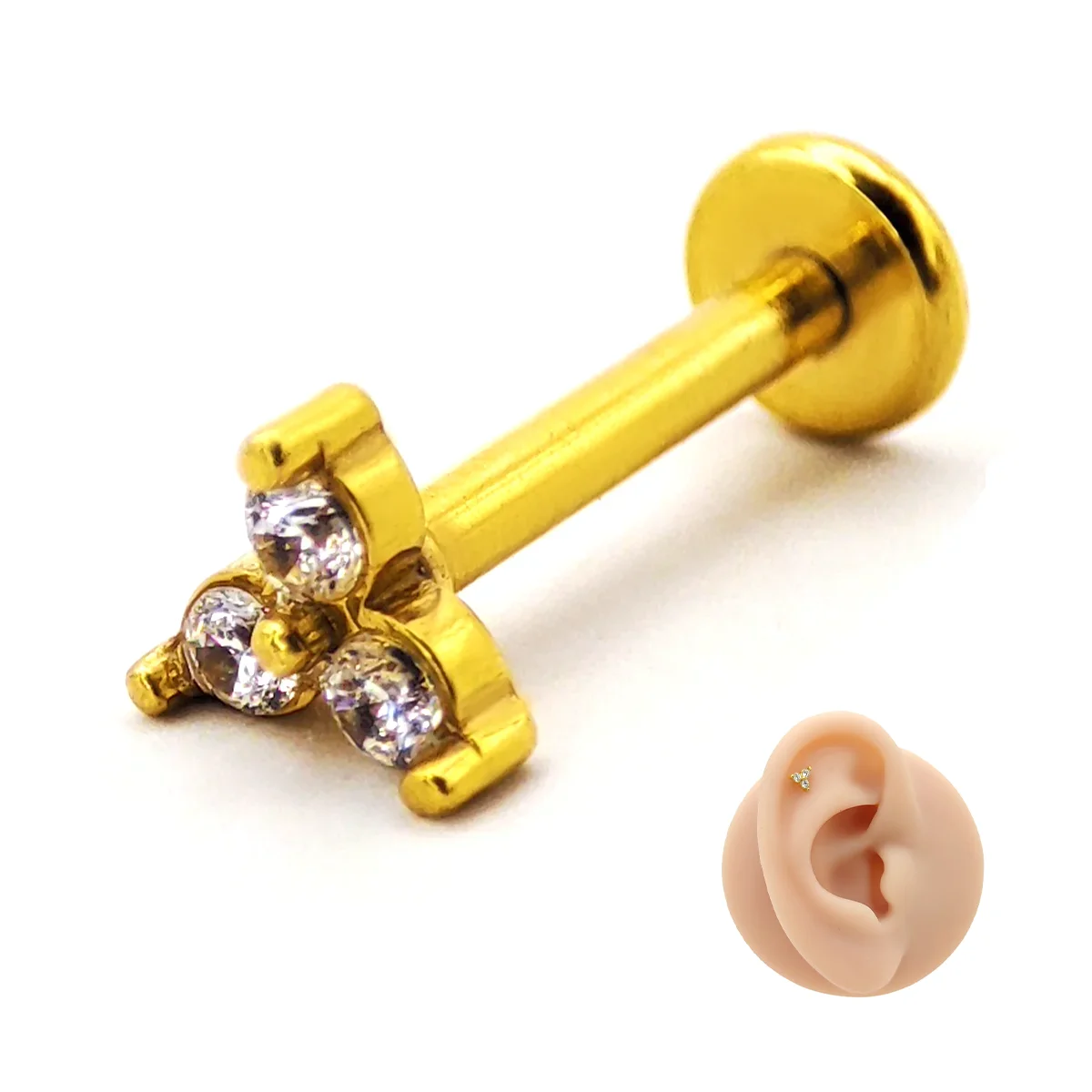 Piercing de Oreja Acero Triangulo Tres Zirconias Claras 3