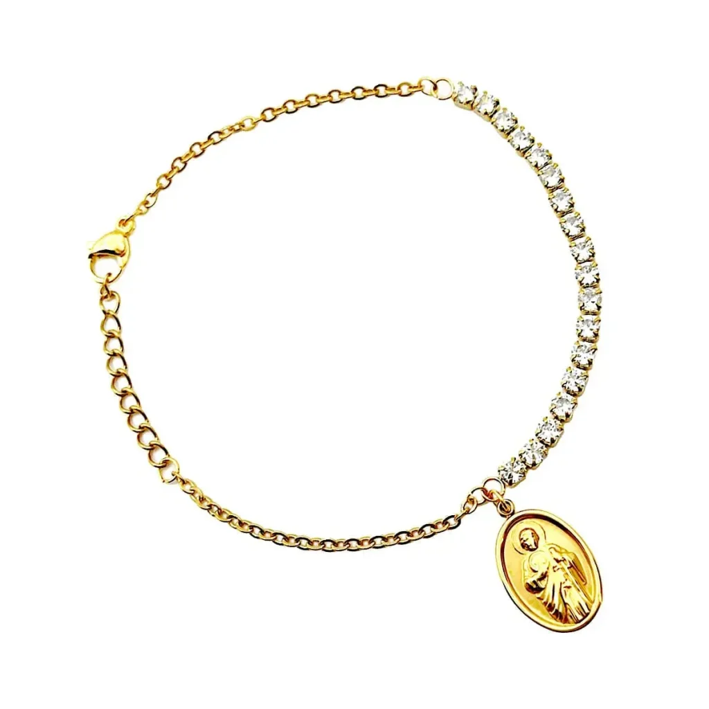 Pulsera Acero Dorado Ajustable Zirconias San Judas Tadeo 1