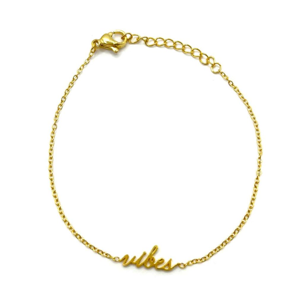 Pulsera Acero Dorado De Mujer Frase Vibes Cadena Sencilla