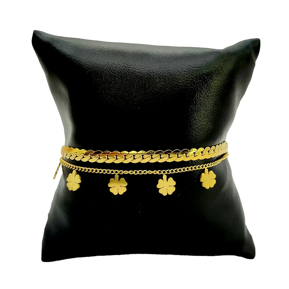 Pulsera Acero Dorado Doble Planchada Cubana Trebol 3