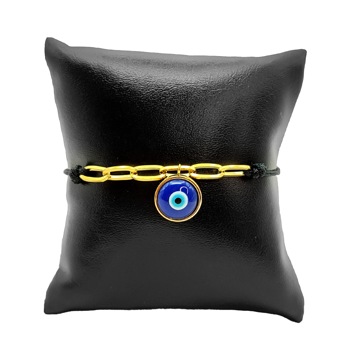 Pulsera Acero Dorado Hilo Negro Ojo turco Azul Recorrible 1