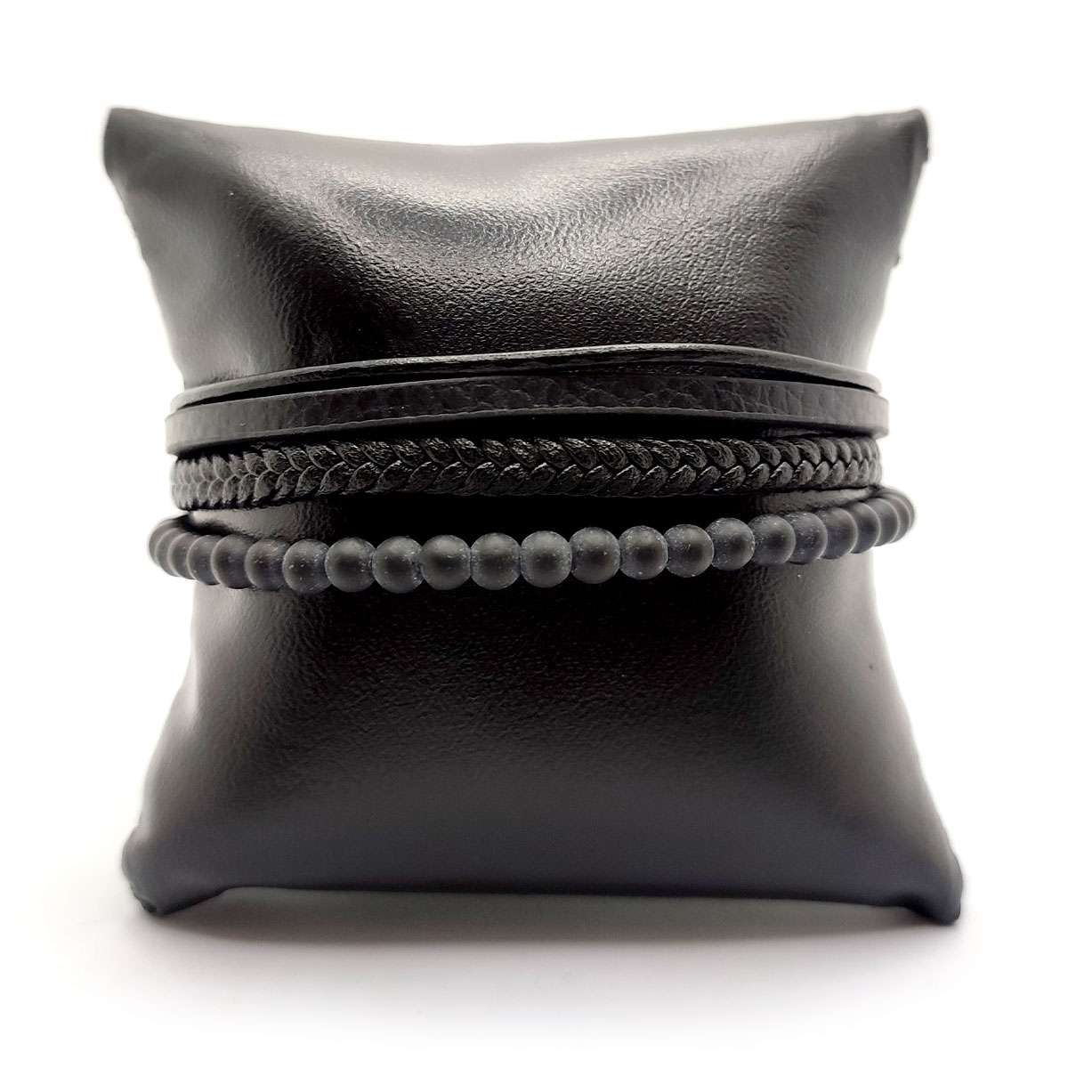 Pulsera Acero Dorado Hombre Caucho Y Piel Cuadruple Negro 2