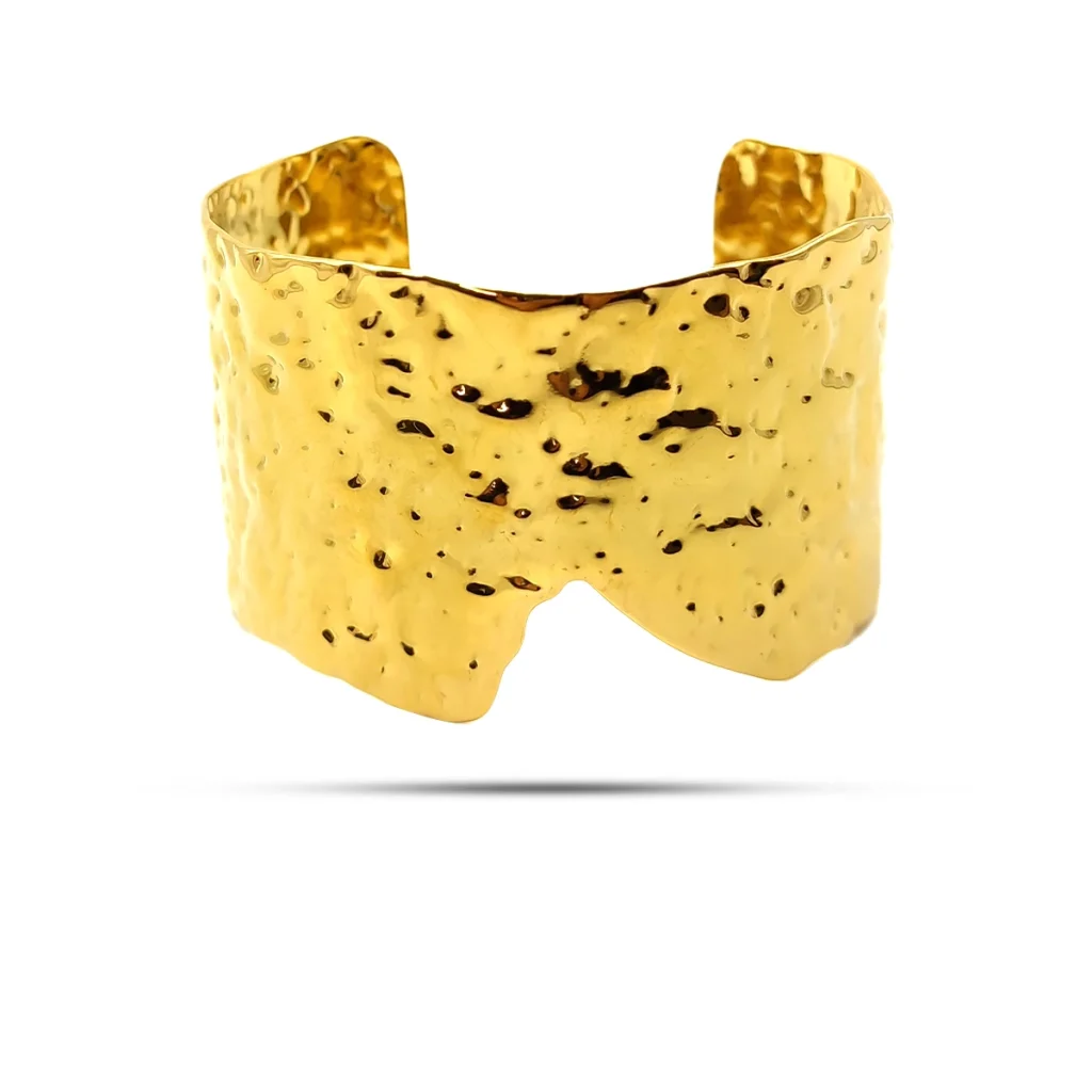 Pulsera Acero Dorado Irregular Ancha Martillada Diseno V 1