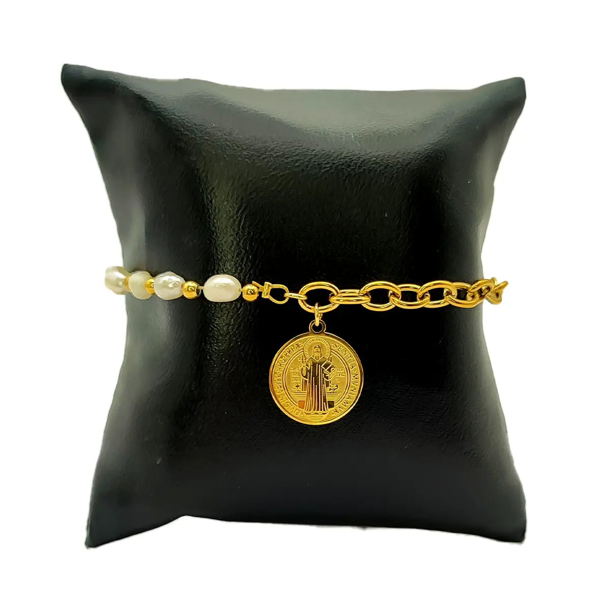 Pulsera Acero Dorado San Benito Eslabon Oval Perlas 2