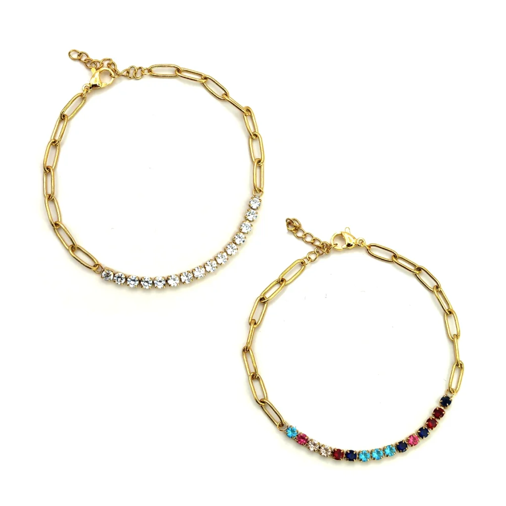 Pulsera Acero Dorado Zirconia Cubica Eslabon Oval Delgado 4