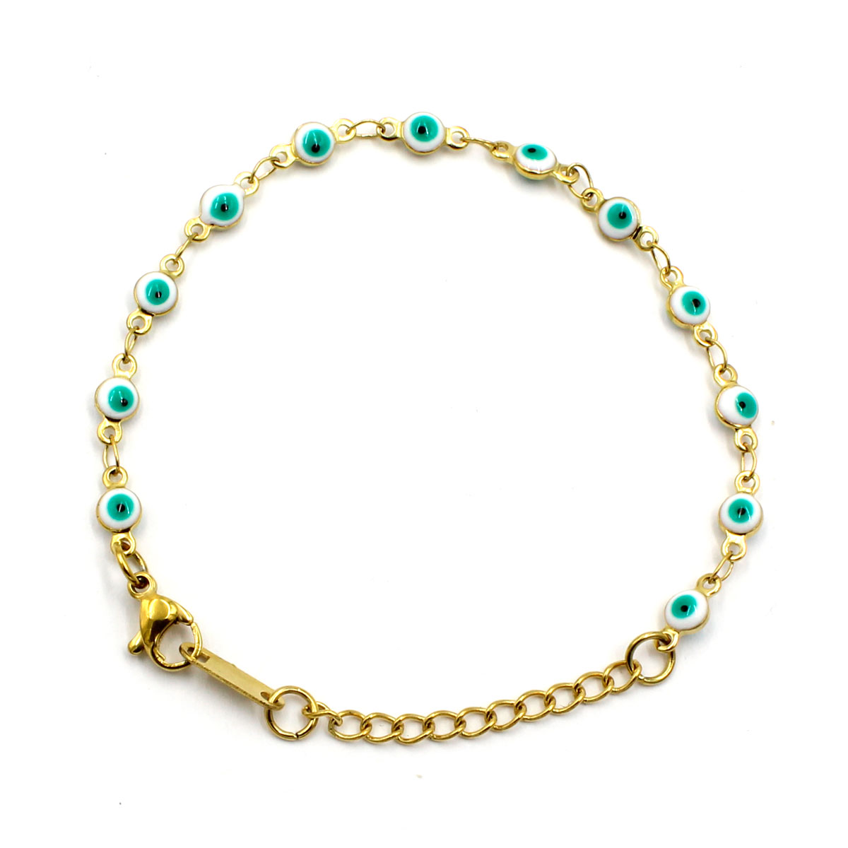 Pulsera Acero Inox Dorado Ojo Turco Azul Turqueza