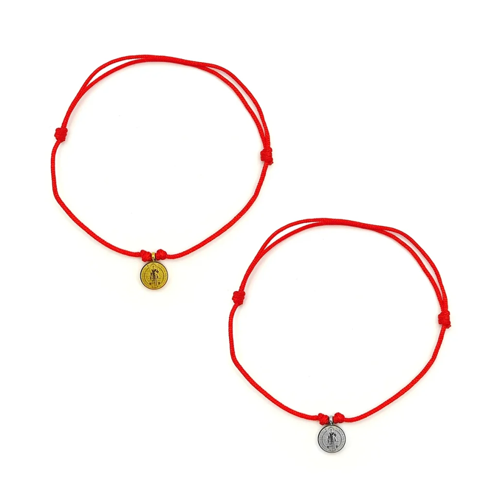 Pulsera Acero Inox Mini Medalla San Benito Hilo Rojo 5