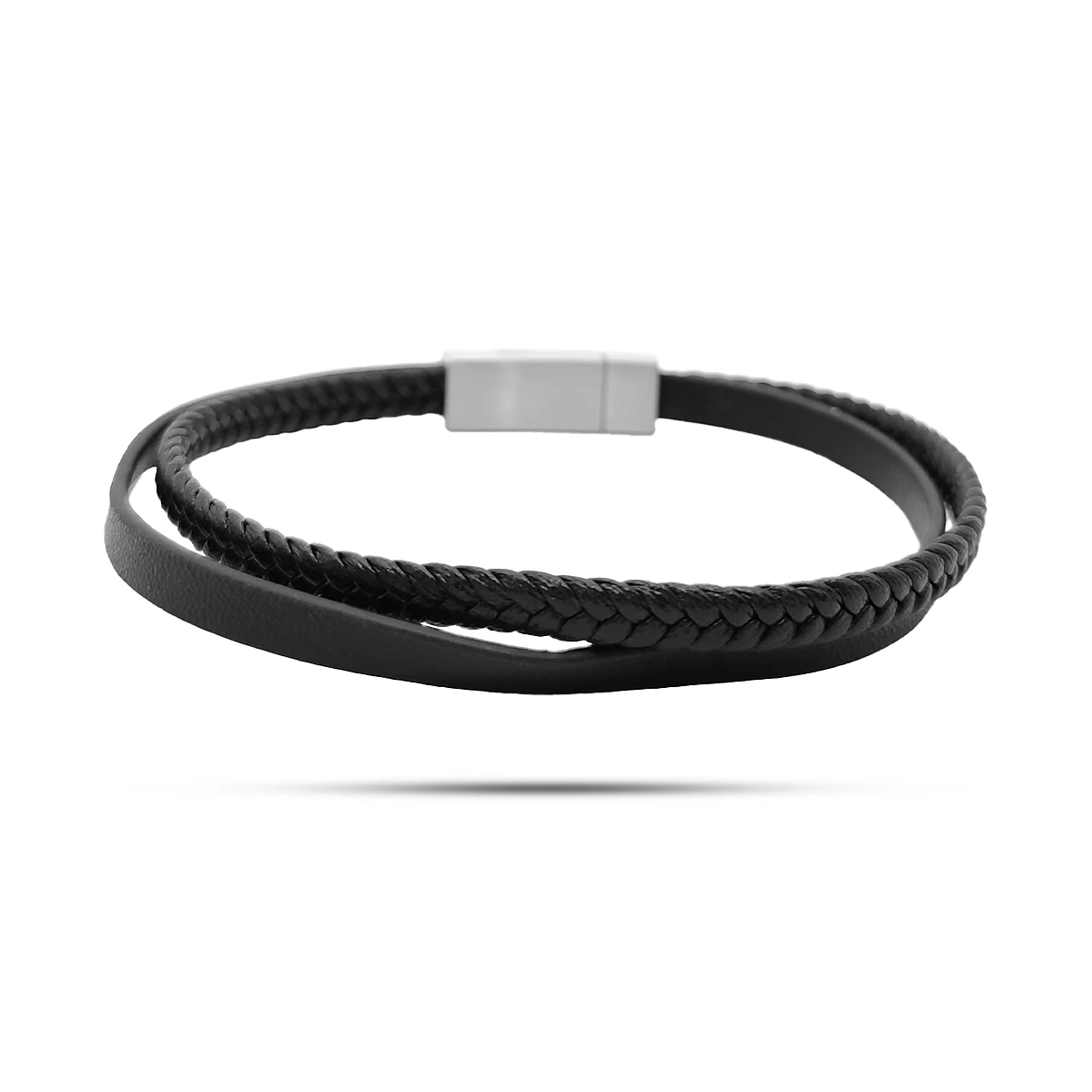 Pulsera Acero Inox Piel Negra Dos Tiras Trenzada y Lisa 12