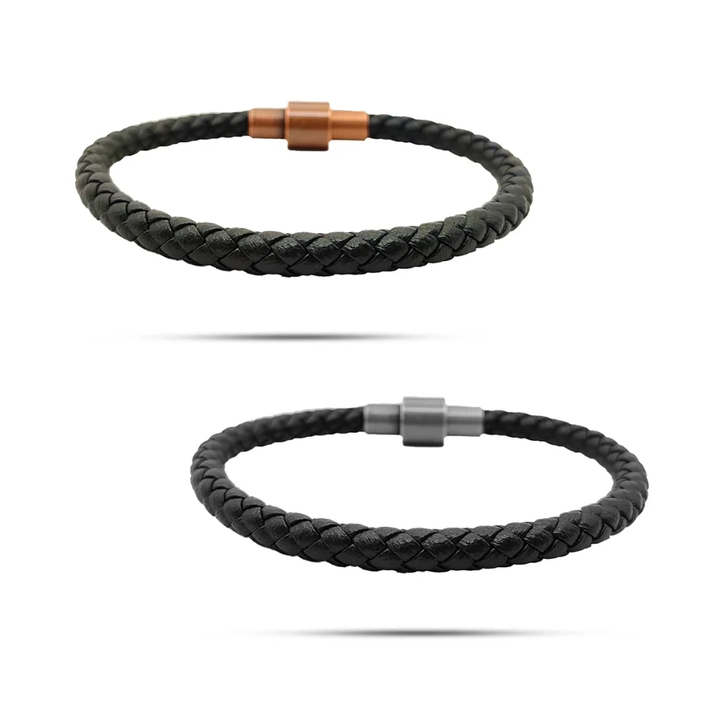 Pulsera Acero Inox Piel Negra Una Tira Tejida Redonda