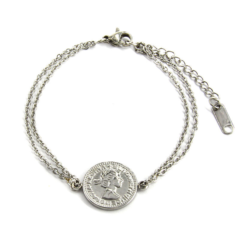 Pulsera Acero Inox Plateaado Moneda Reyna Elizabeth II 2