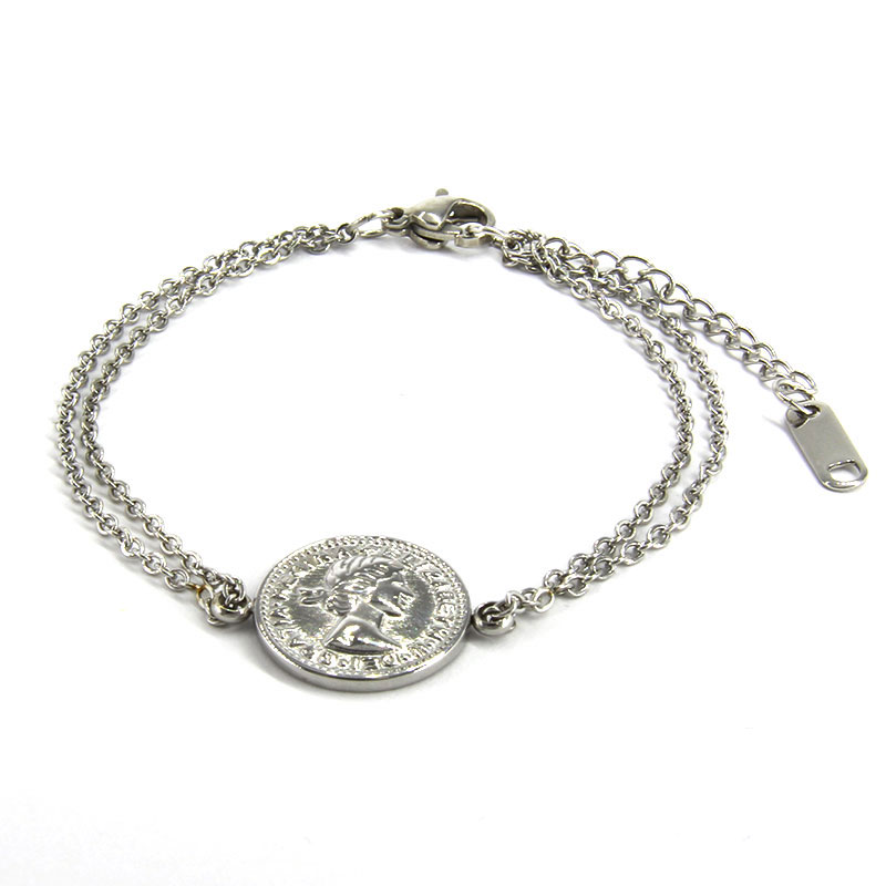 Pulsera Acero Inox Plateaado Moneda Reyna Elizabeth II 3