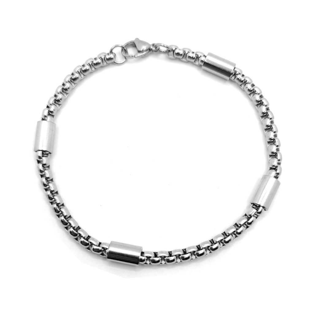 Pulsera Acero Inox Plateado Cadena Redonda Cuenta Tubular 1