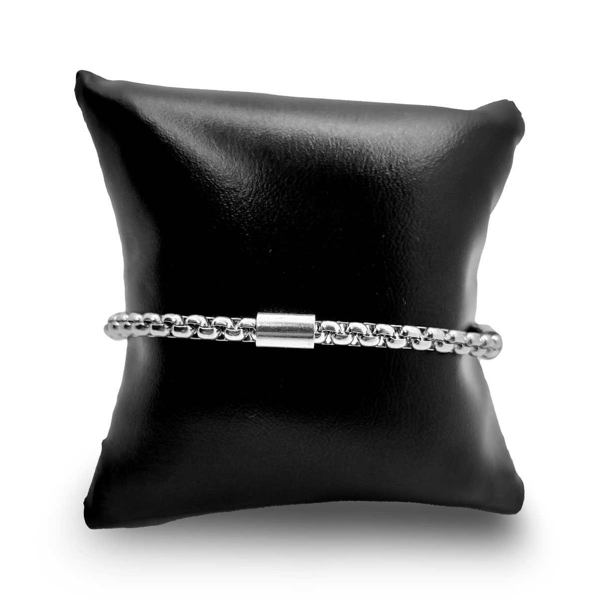 Pulsera Acero Inox Plateado Cadena Redonda Cuenta Tubular 2