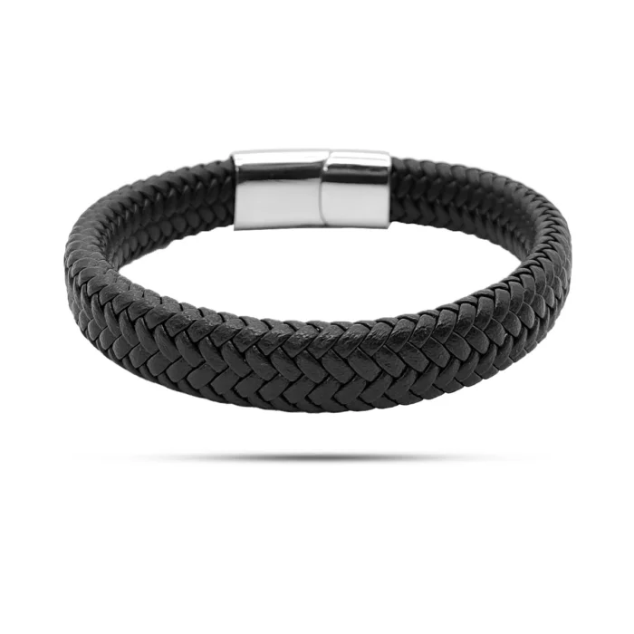 Pulsera Acero Inox Piel Diseño Tejido Grueso