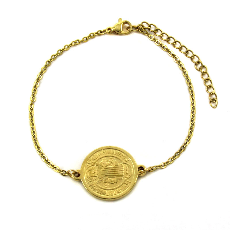 Pulsera Acero Inoxidable Dorado Dije Circular San Benito