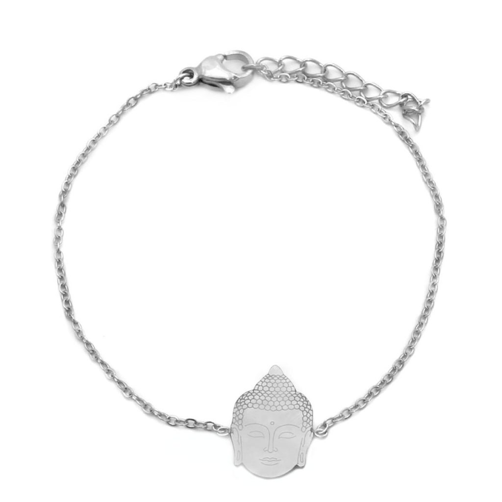 Pulsera Acero Inoxidable Plateado Cabeza Buda Suerte