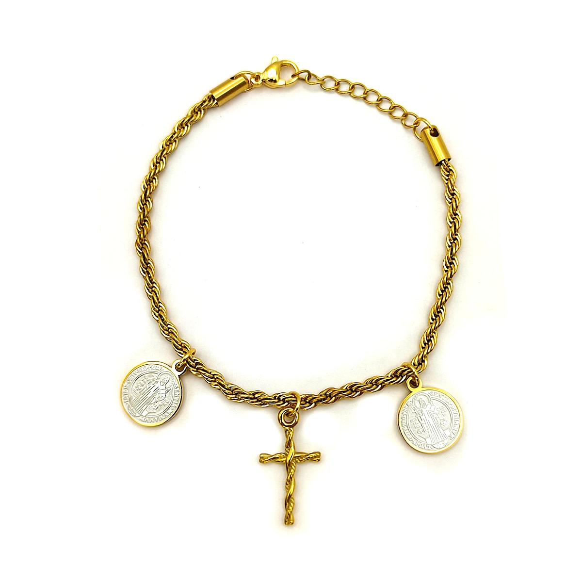 Pulsera Acero Medalla Bicolor San Benito Cruz Trenza 1 1