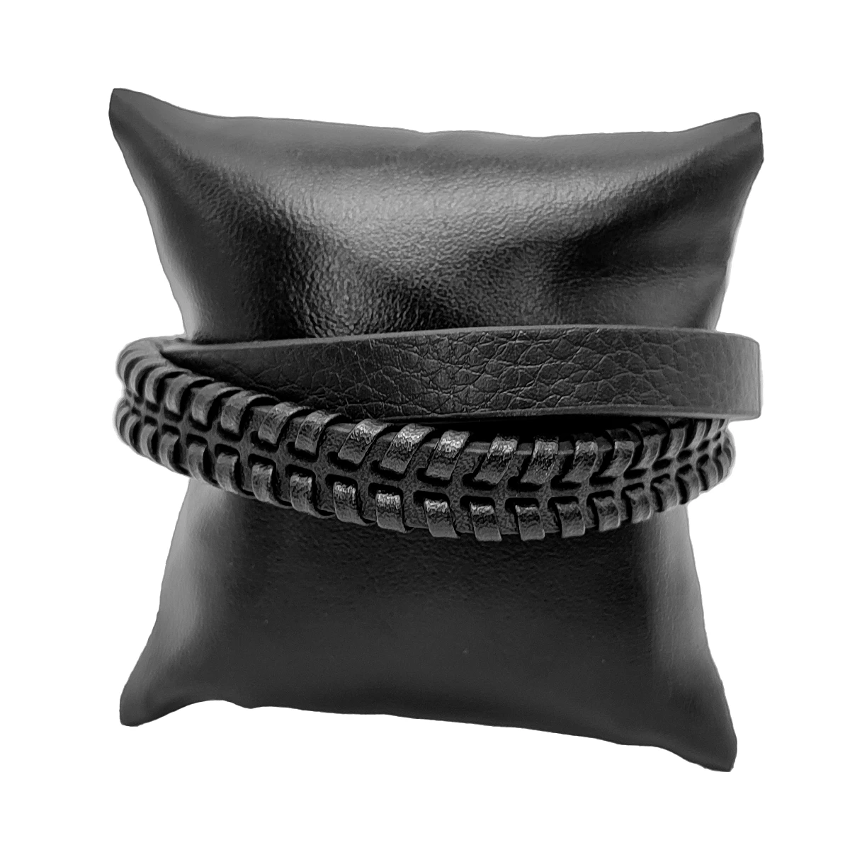 Pulsera Acero Negro Piel Dos Tiras Gruesas Tejida y Lisa 1