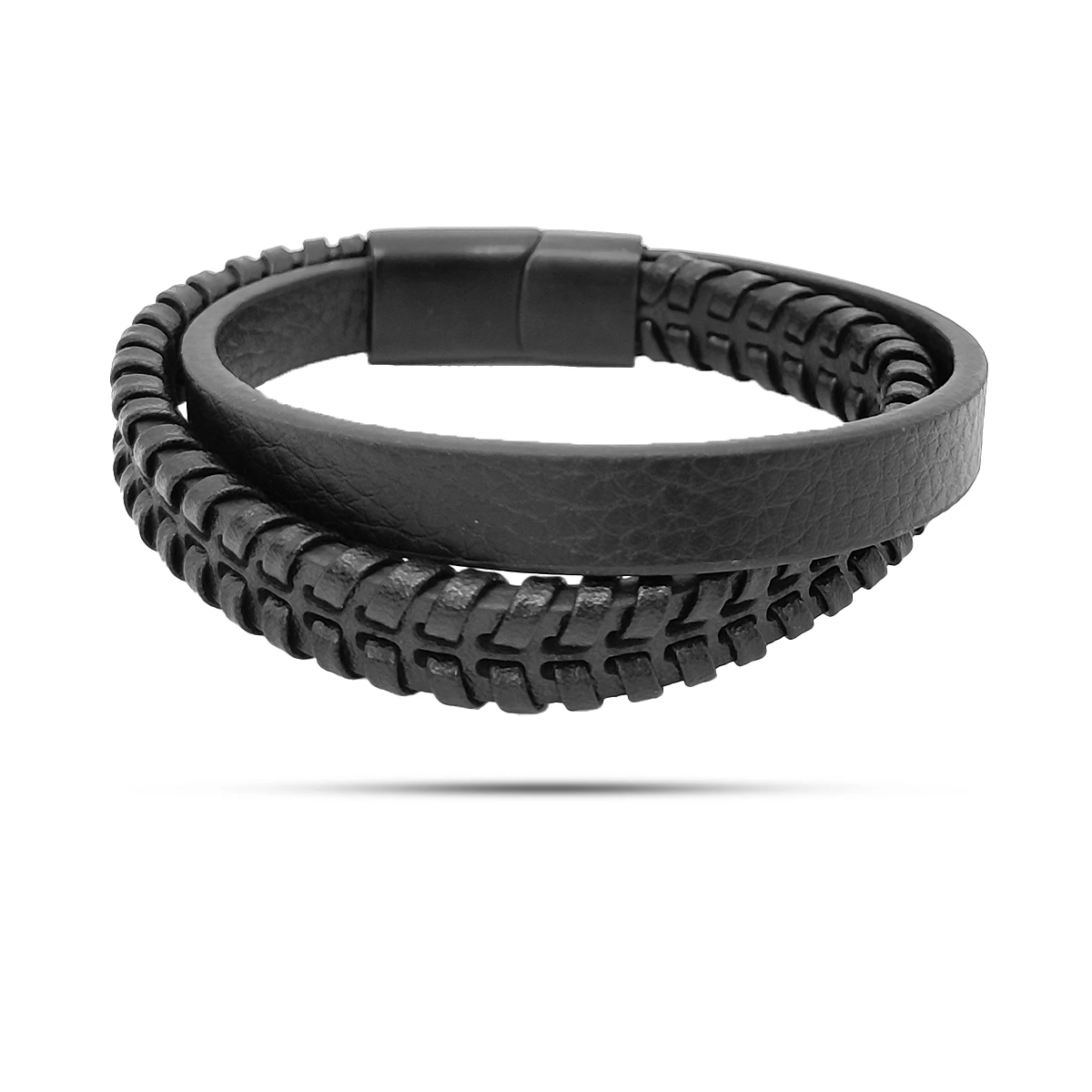 Pulsera Acero Negro Piel Dos Tiras Gruesas Tejida y Lisa 2