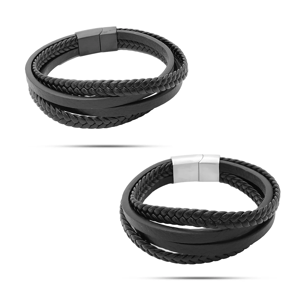 Pulsera Acero Piel Multiples Tiras Trenzadas y Lisas