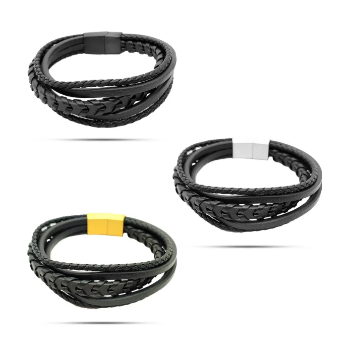 Pulsera-Acero-Piel-Negra-Cinco-Tiras-Tejidas-y-Lisa.webp