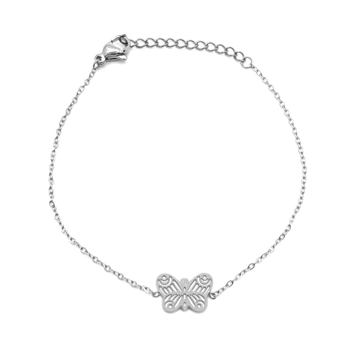 Pulsera Acero Plata De Mujer Diseno Mini Mariposa Grabada