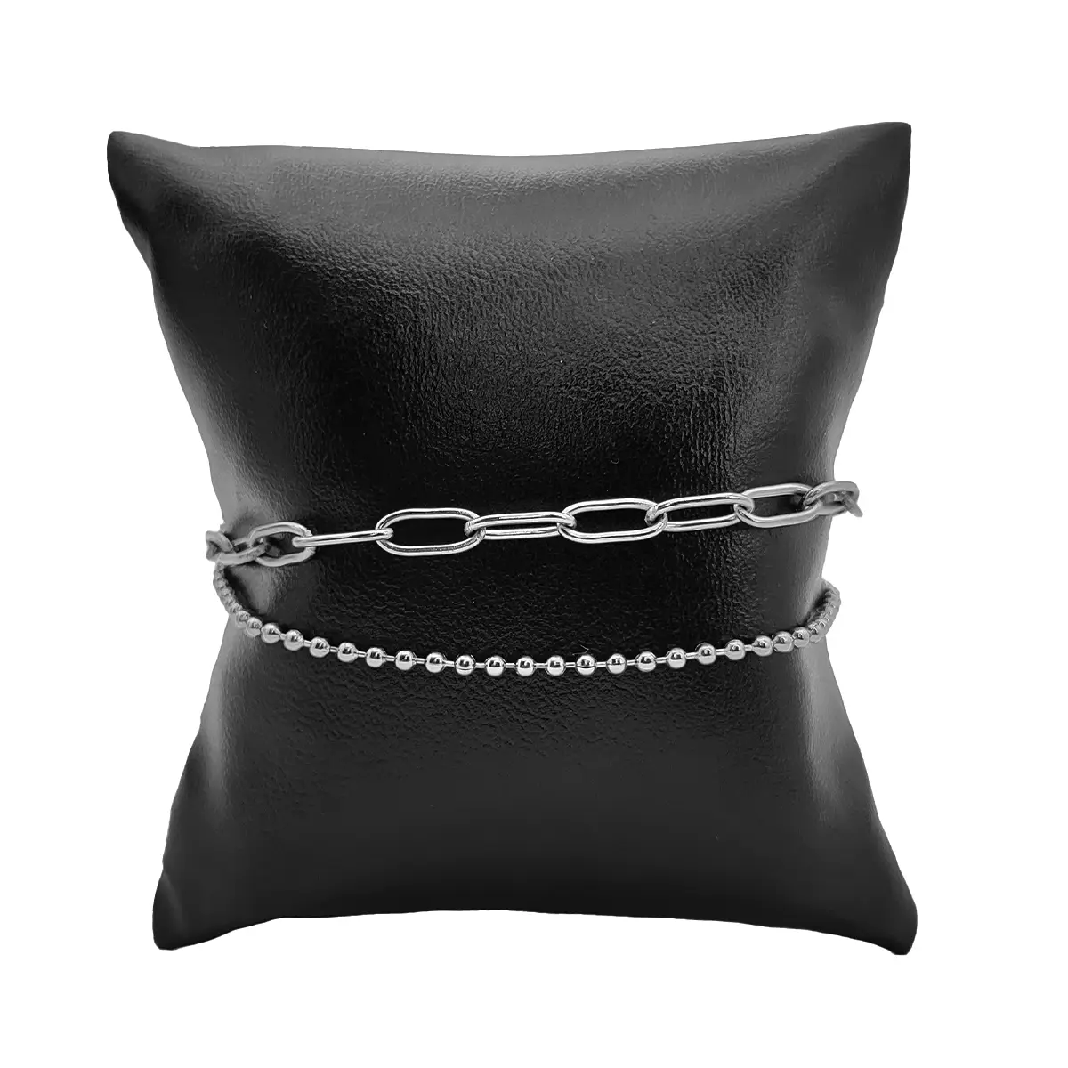 Pulsera Acero Plateado Doble Eslabon Oval Bolitas Militar 1